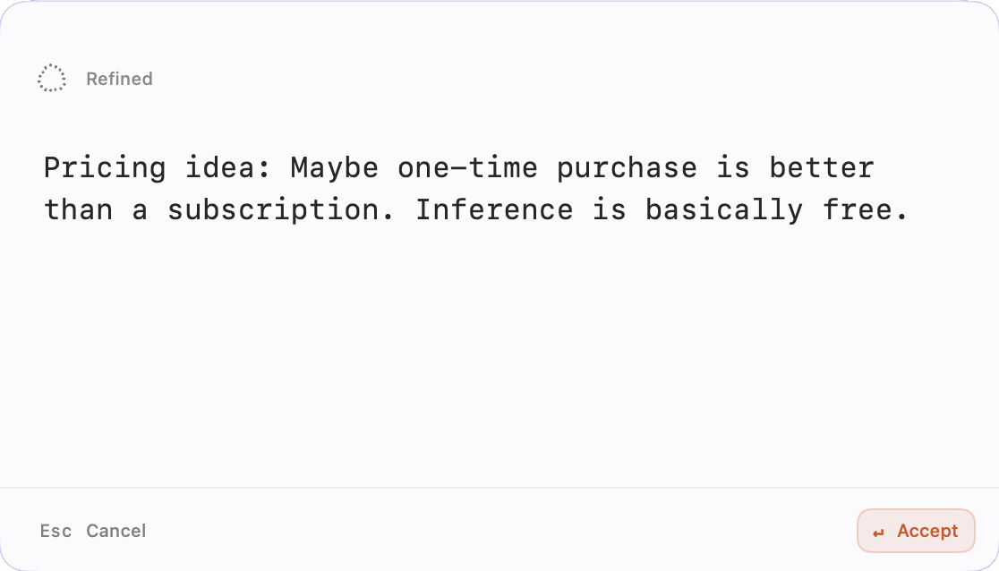 Refine preview in Rasc, with the proposed wording still waiting for Accept or Cancel.